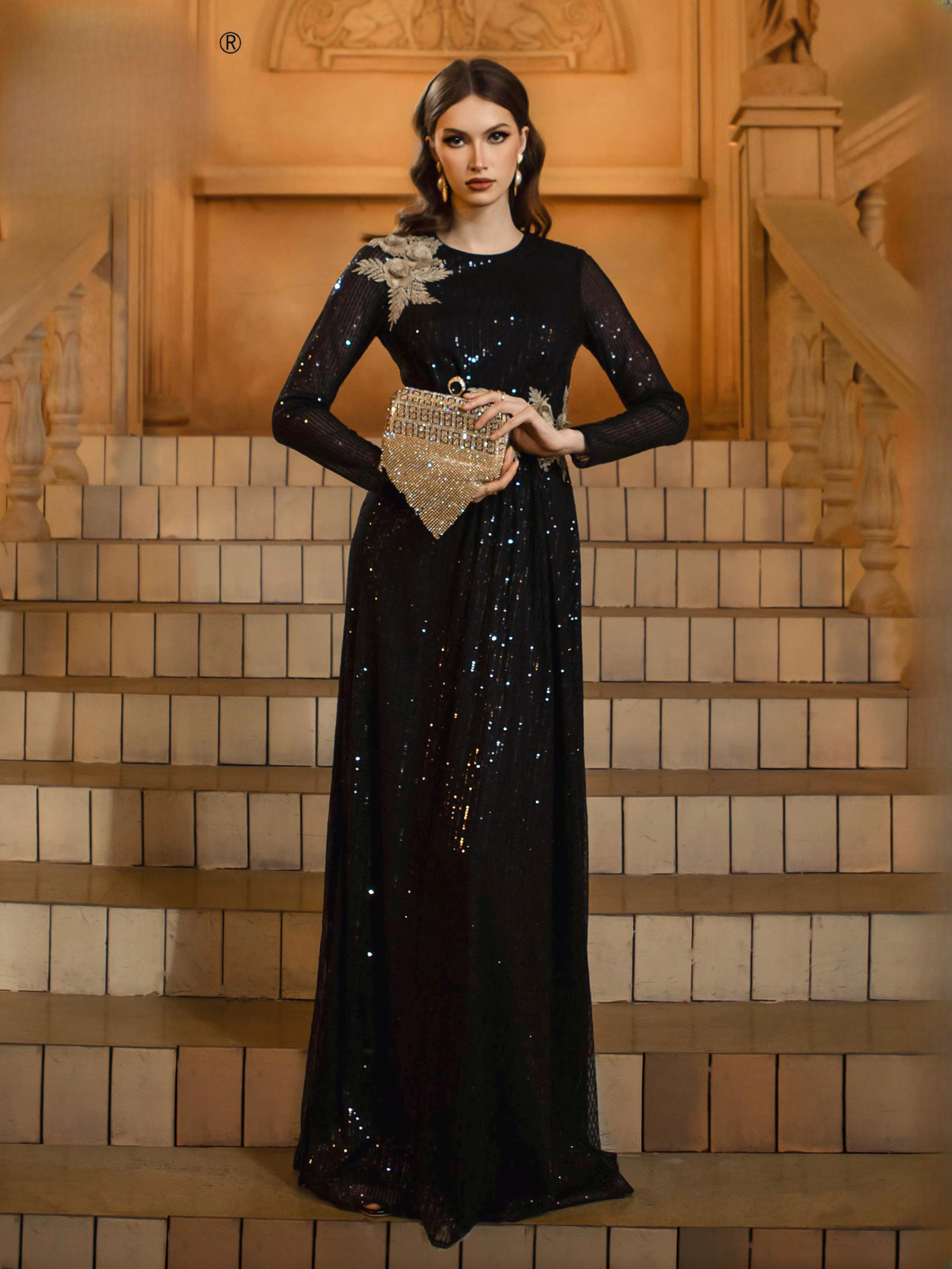 Luxury Round Neck Long Floor-Length Sleeved Sequin Formal Dress