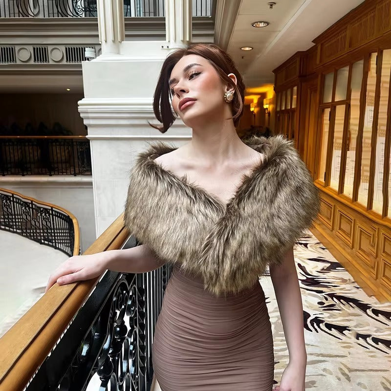 Luxury Ruched Fur Collar V Neck Sleeveless Bodycon Maxi Dress
