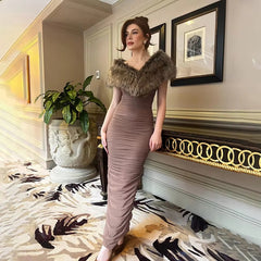 Luxury Ruched Fur Collar V Neck Sleeveless Bodycon Maxi Dress