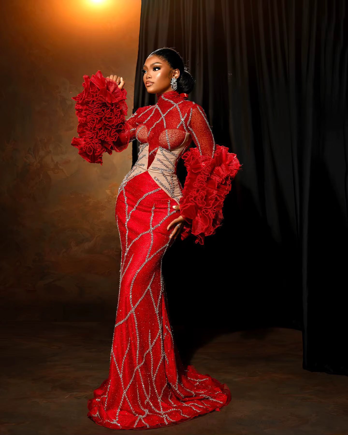 Luxury Ruffles Beaded Lace Flare Sleeves Mock Mermaid Party Prom Maxi Dress