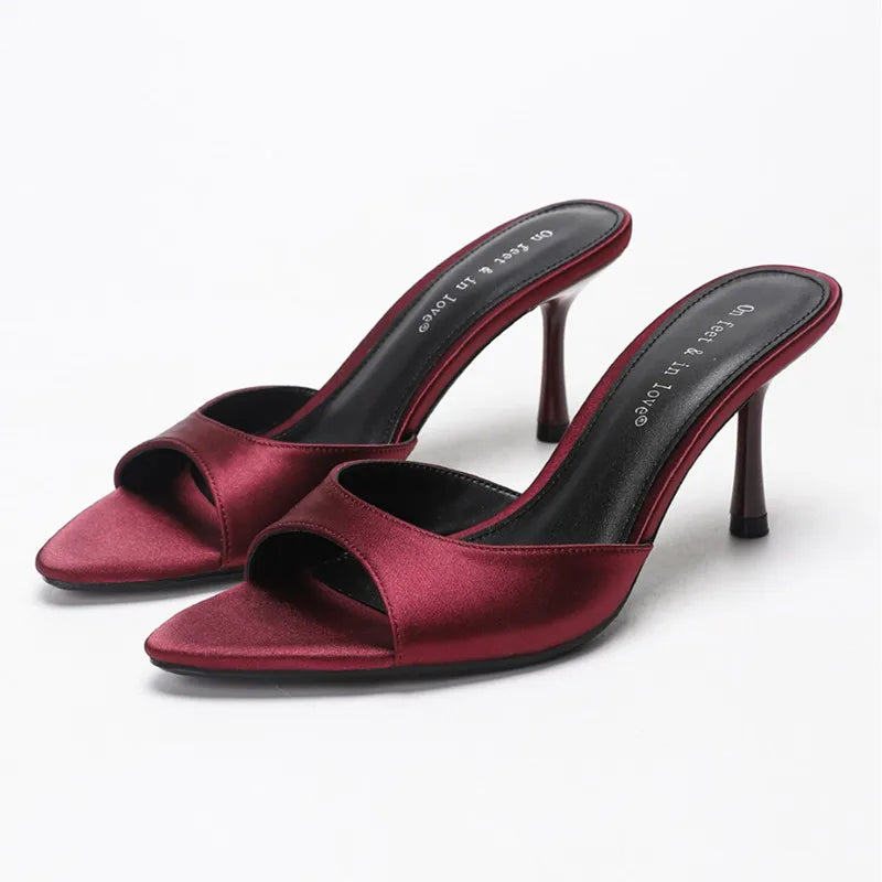 Luxury Satin Burgundy Slippers Pointed Toe High Heel
