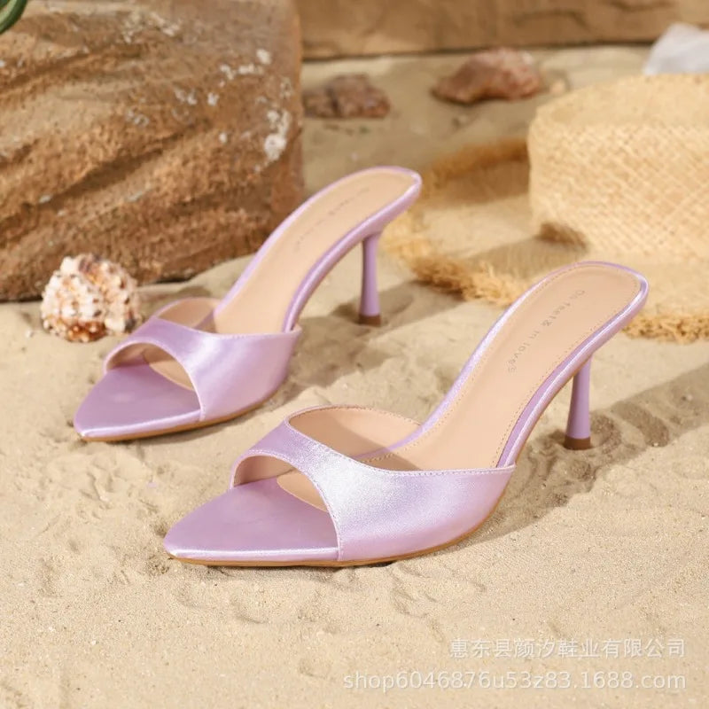 Luxury Satin Burgundy Slippers Pointed Toe High Heel