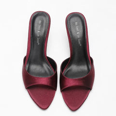 Luxury Satin Burgundy Slippers Pointed Toe High Heel