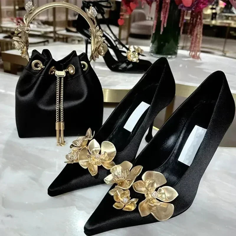Luxury Satin Designer Pumps Pointed Toe Gold Flower Decoration Thin High Heel