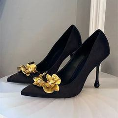 Luxury Satin Designer Pumps Pointed Toe Gold Flower Decoration Thin High Heel