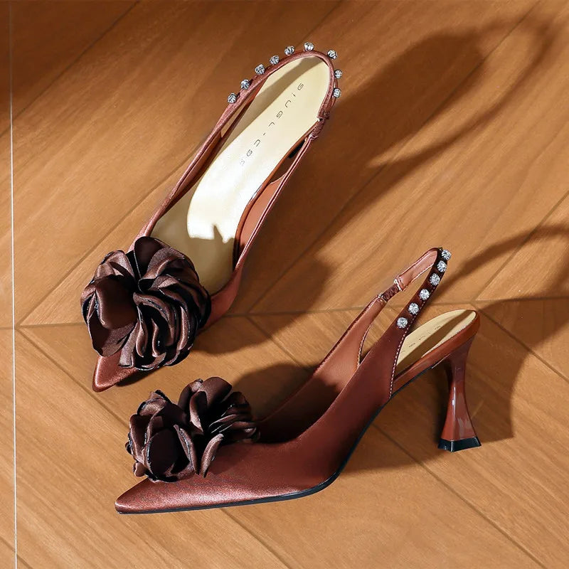 Luxury Satin Floral Designer Pumps Pointed-Toe Rhinestone Decoration Slingbacks Sandals Elegant Brown Party Shoes