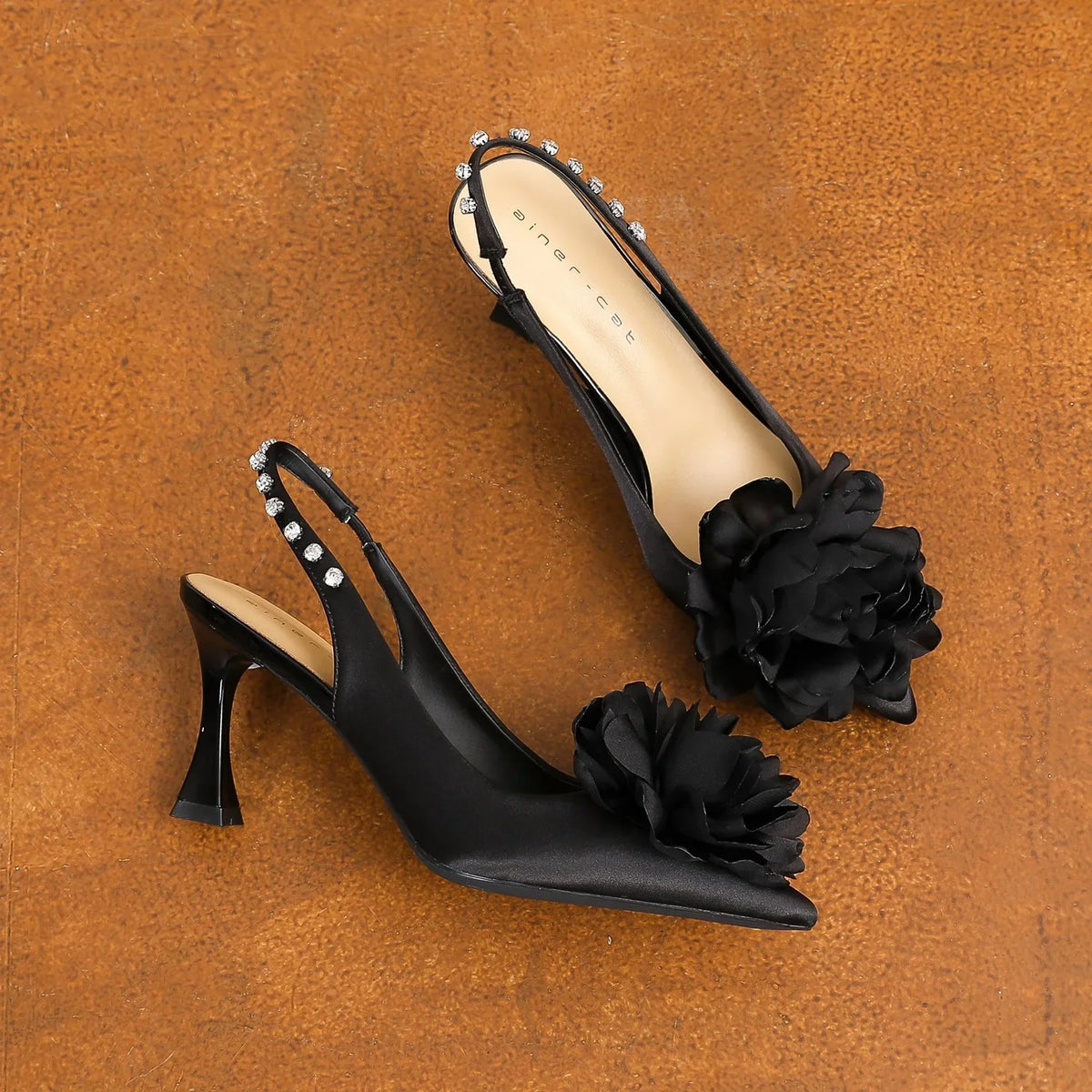 Luxury Satin Floral Designer Pumps Pointed-Toe Rhinestone Decoration Slingbacks Sandals Elegant Brown Party Shoes