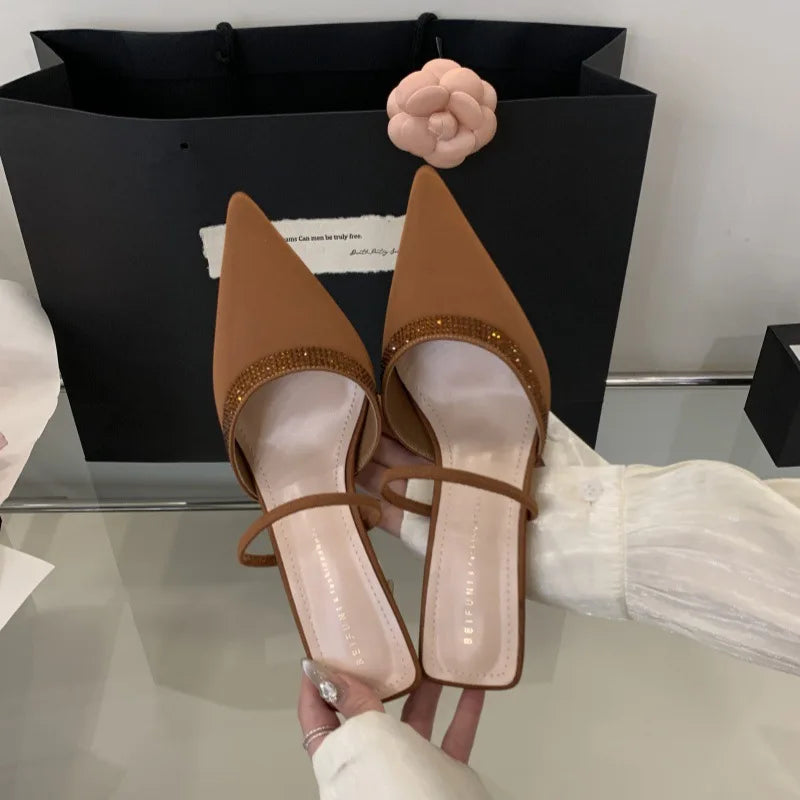 Luxury Satin Rhinestone Decorated Slide Heel