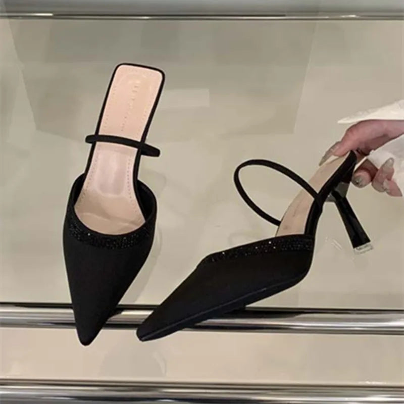 Luxury Satin Rhinestone Decorated Slide Heel