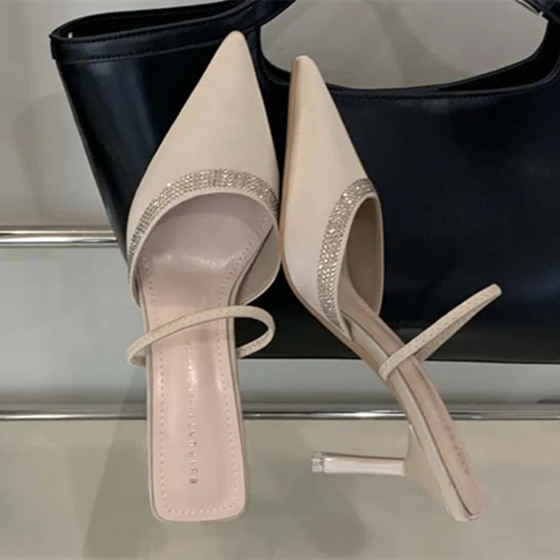Luxury Satin Rhinestone Decorated Slide Heel