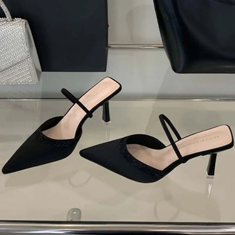 Luxury Satin Rhinestone Decorated Slide Heel