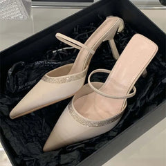 Luxury Satin Rhinestone Decorated Slide Heel
