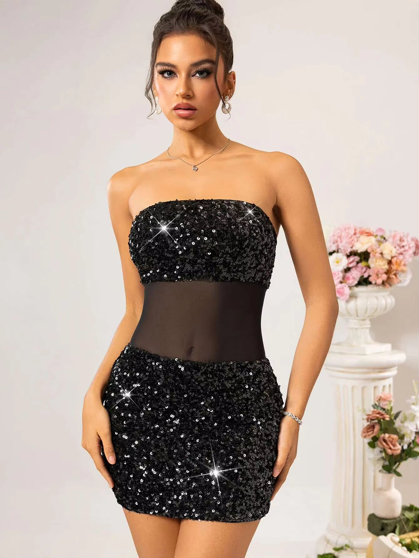 Luxury See Through Mesh Sequin Backless Bodycon Short Dresses