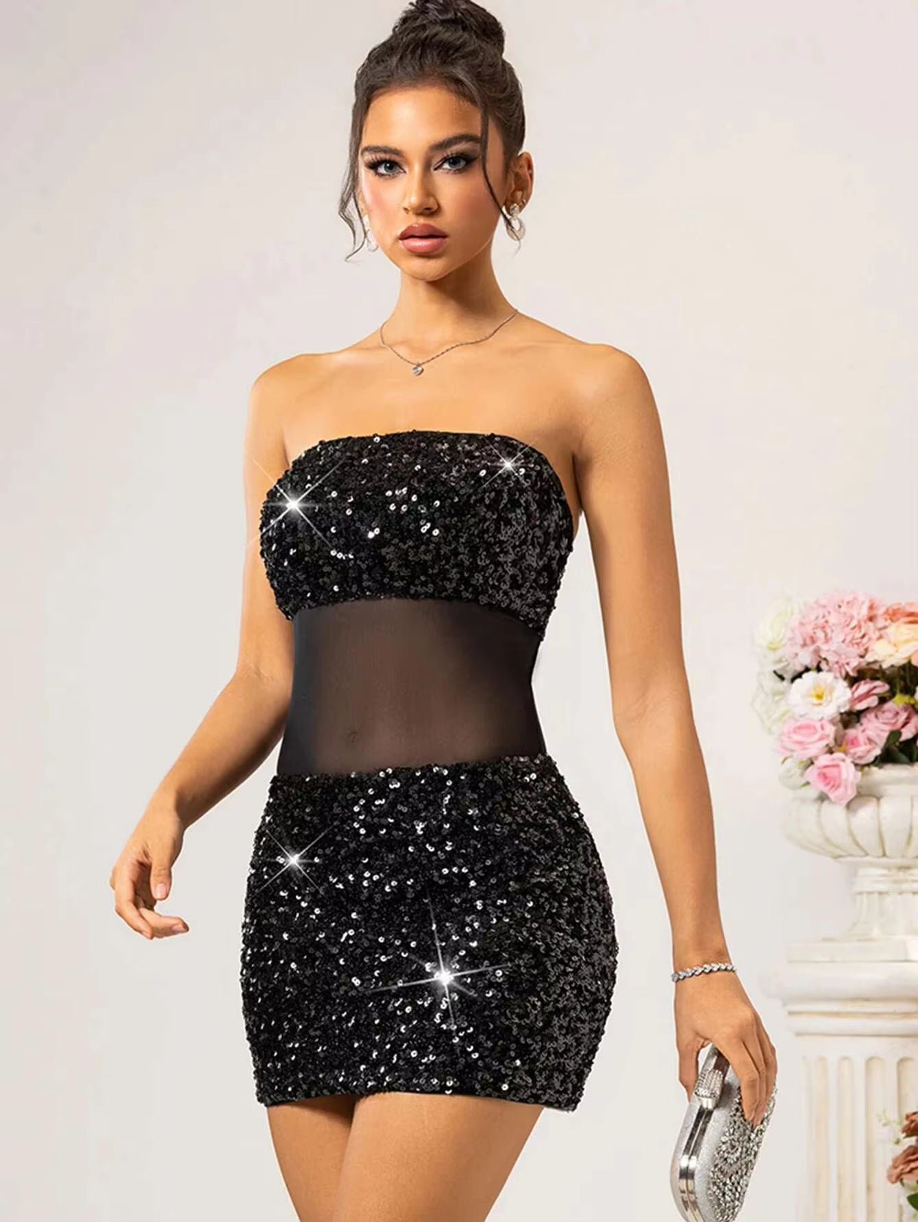 Luxury See Through Mesh Sequin Backless Bodycon Short Dresses