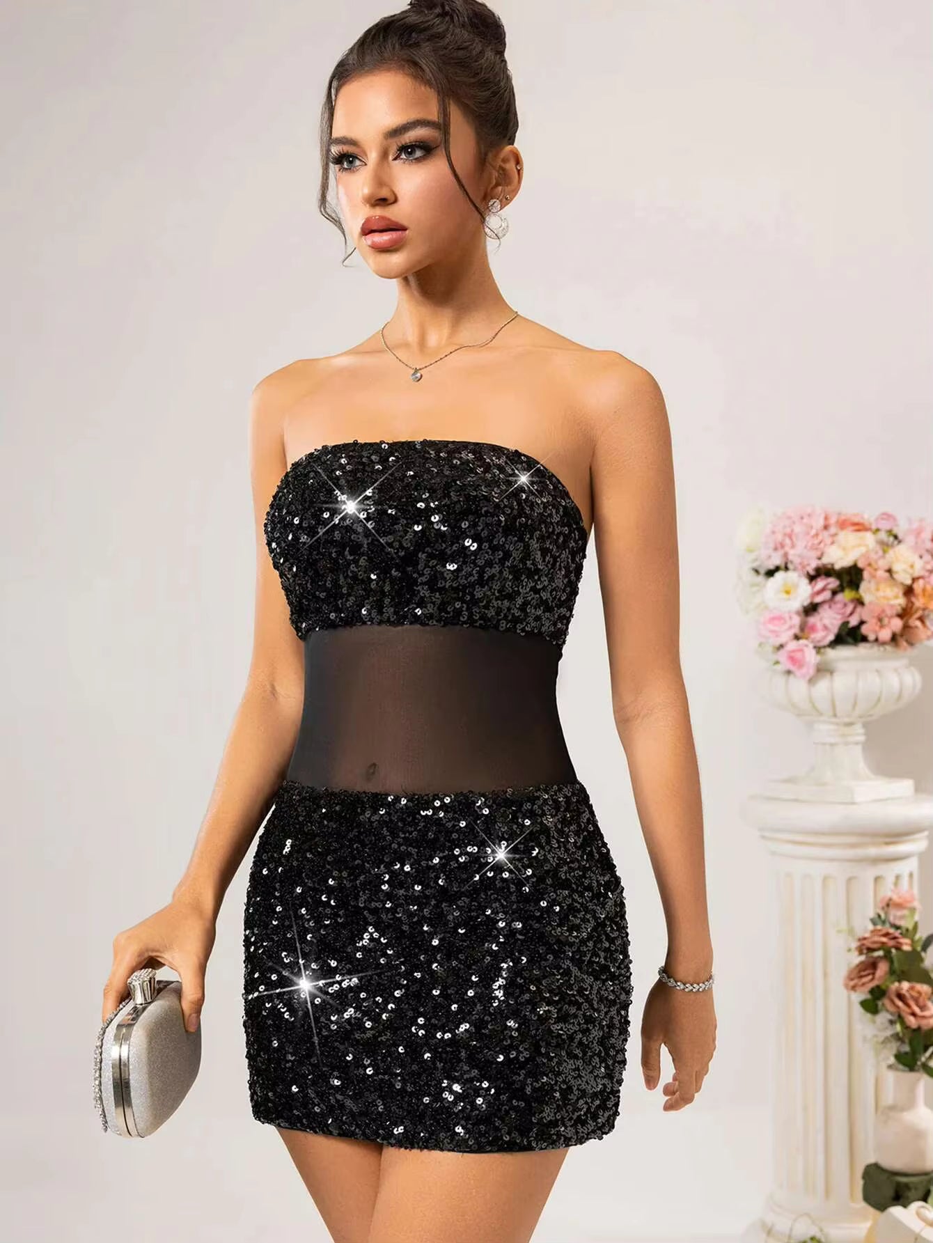 Luxury See Through Mesh Sequin Backless Bodycon Short Dresses