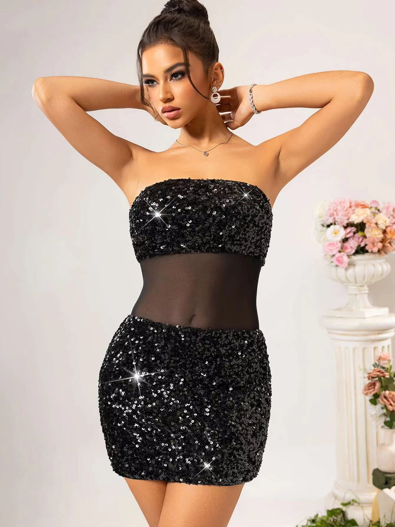 Luxury See Through Mesh Sequin Backless Bodycon Short Dresses