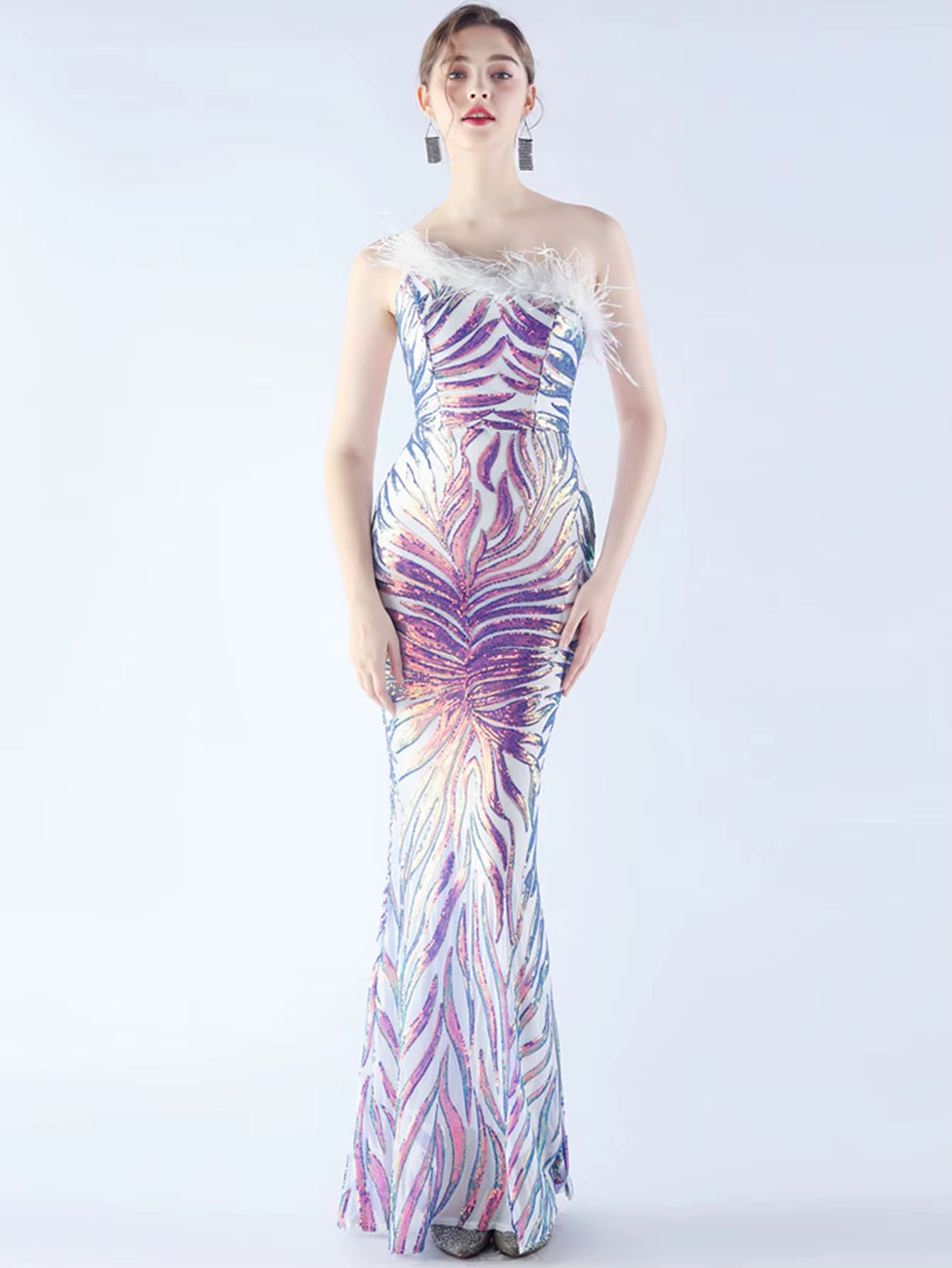 Luxury Sequin Diagonal collar One-Shoulder Backless Maxi Dresses