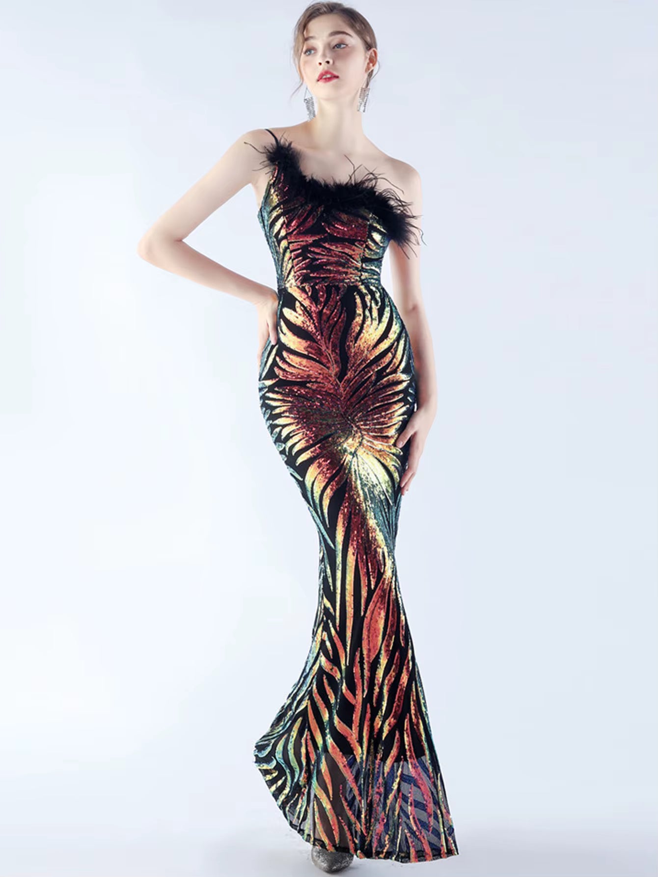 Luxury Sequin Diagonal collar One-Shoulder Backless Maxi Dresses