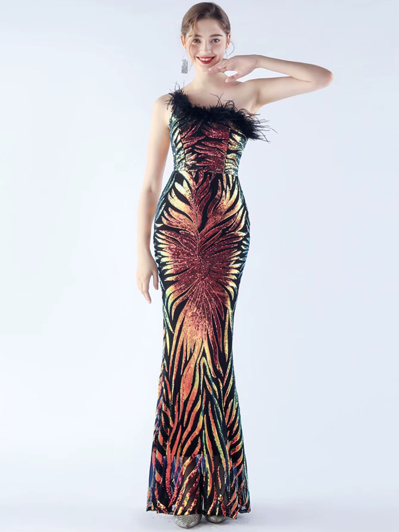 Luxury Sequin Diagonal collar One-Shoulder Backless Maxi Dresses
