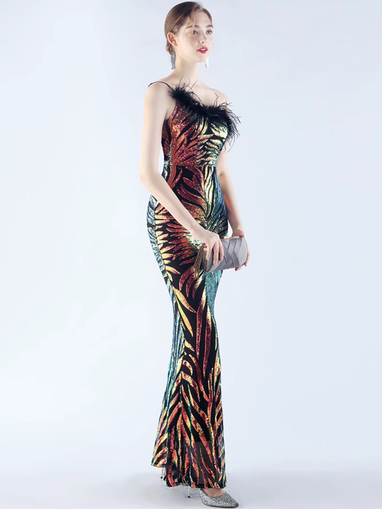 Luxury Sequin Diagonal collar One-Shoulder Backless Maxi Dresses