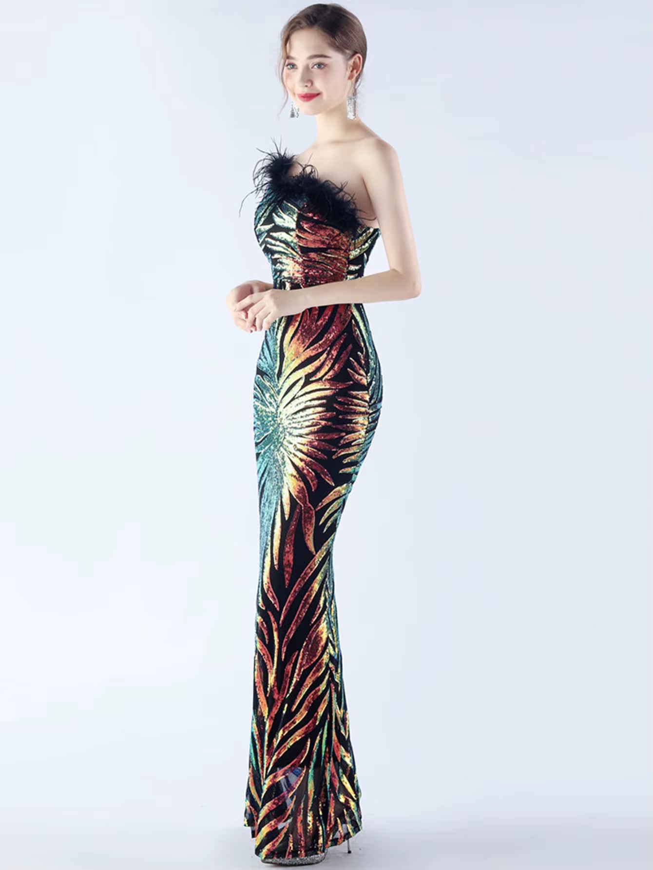 Luxury Sequin Diagonal collar One-Shoulder Backless Maxi Dresses