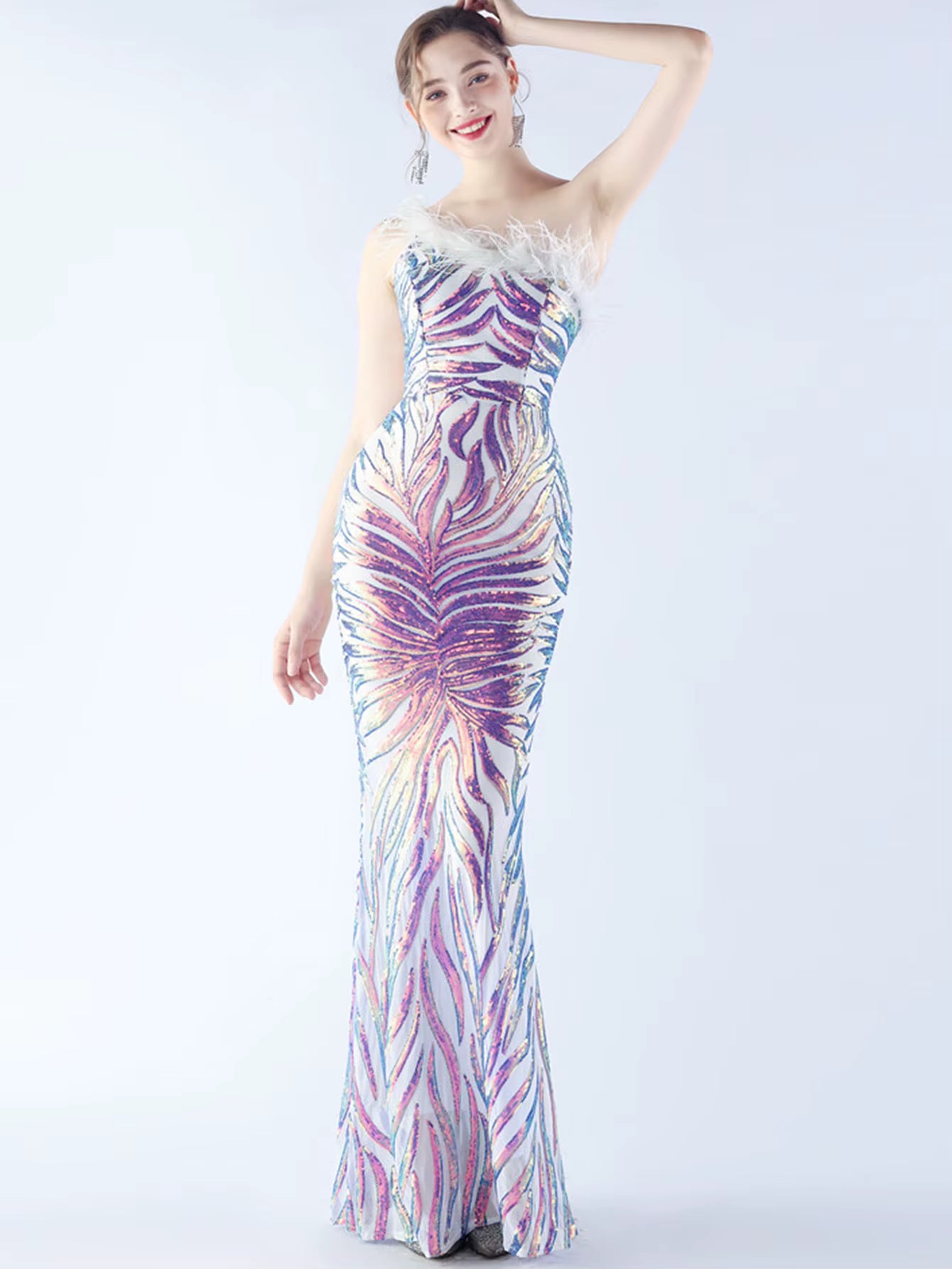 Luxury Sequin Diagonal collar One-Shoulder Backless Maxi Dresses