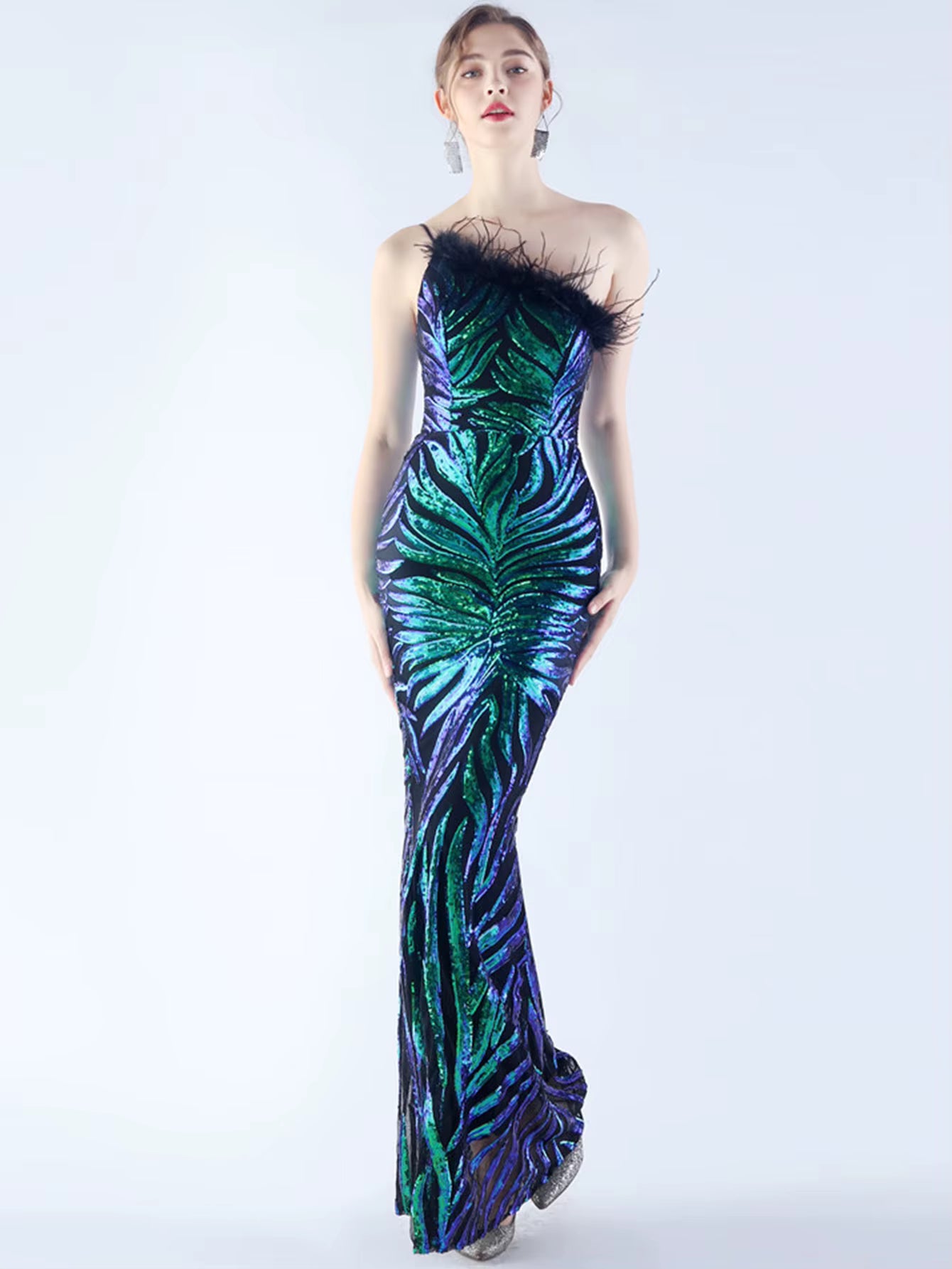 Luxury Sequin Diagonal collar One-Shoulder Backless Maxi Dresses
