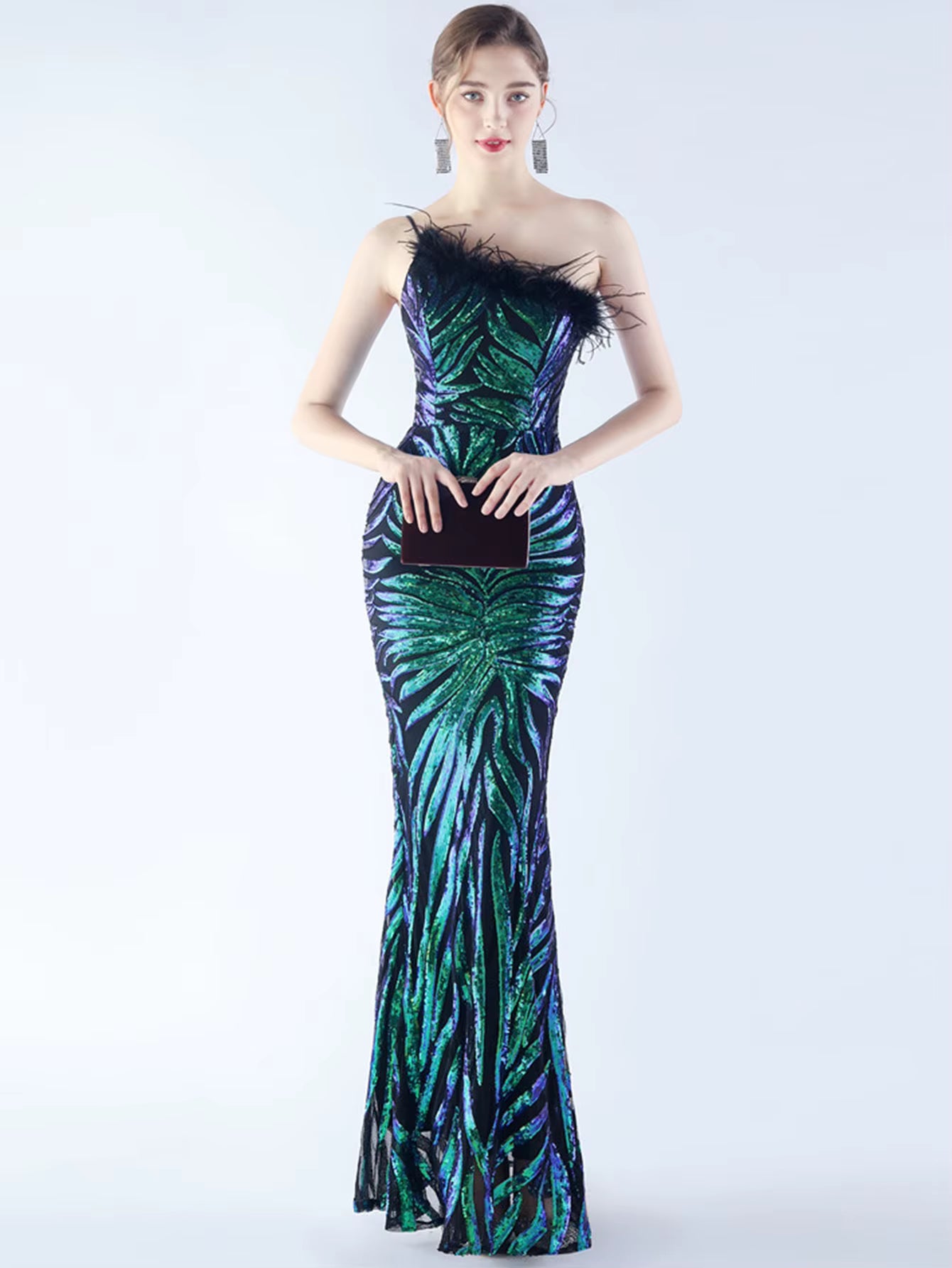 Luxury Sequin Diagonal collar One-Shoulder Backless Maxi Dresses