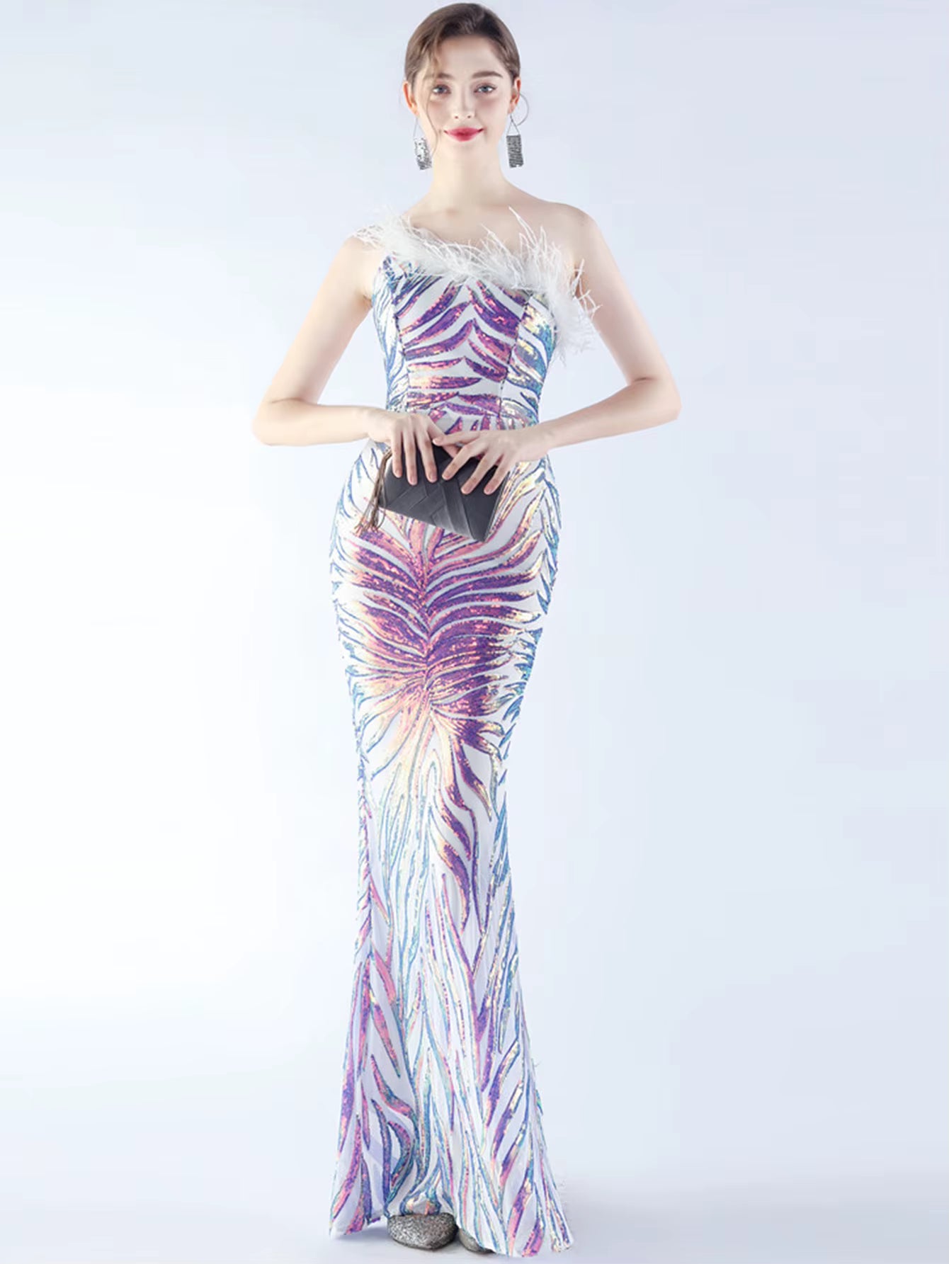 Luxury Sequin Diagonal collar One-Shoulder Backless Maxi Dresses