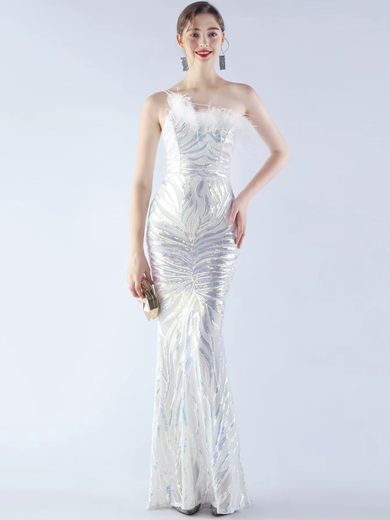 Luxury Sequin Diagonal collar One-Shoulder Backless Maxi Dresses