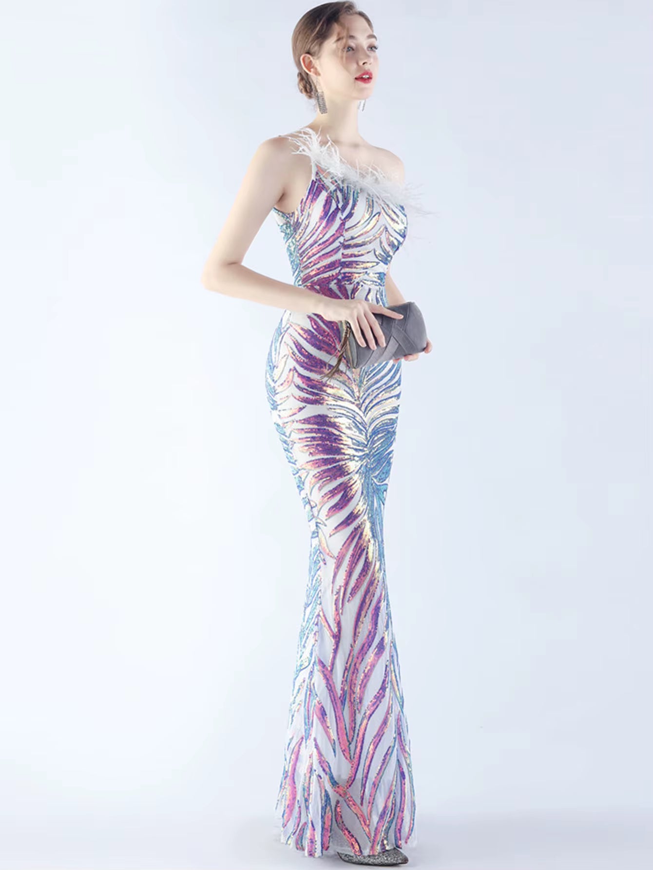 Luxury Sequin Diagonal collar One-Shoulder Backless Maxi Dresses