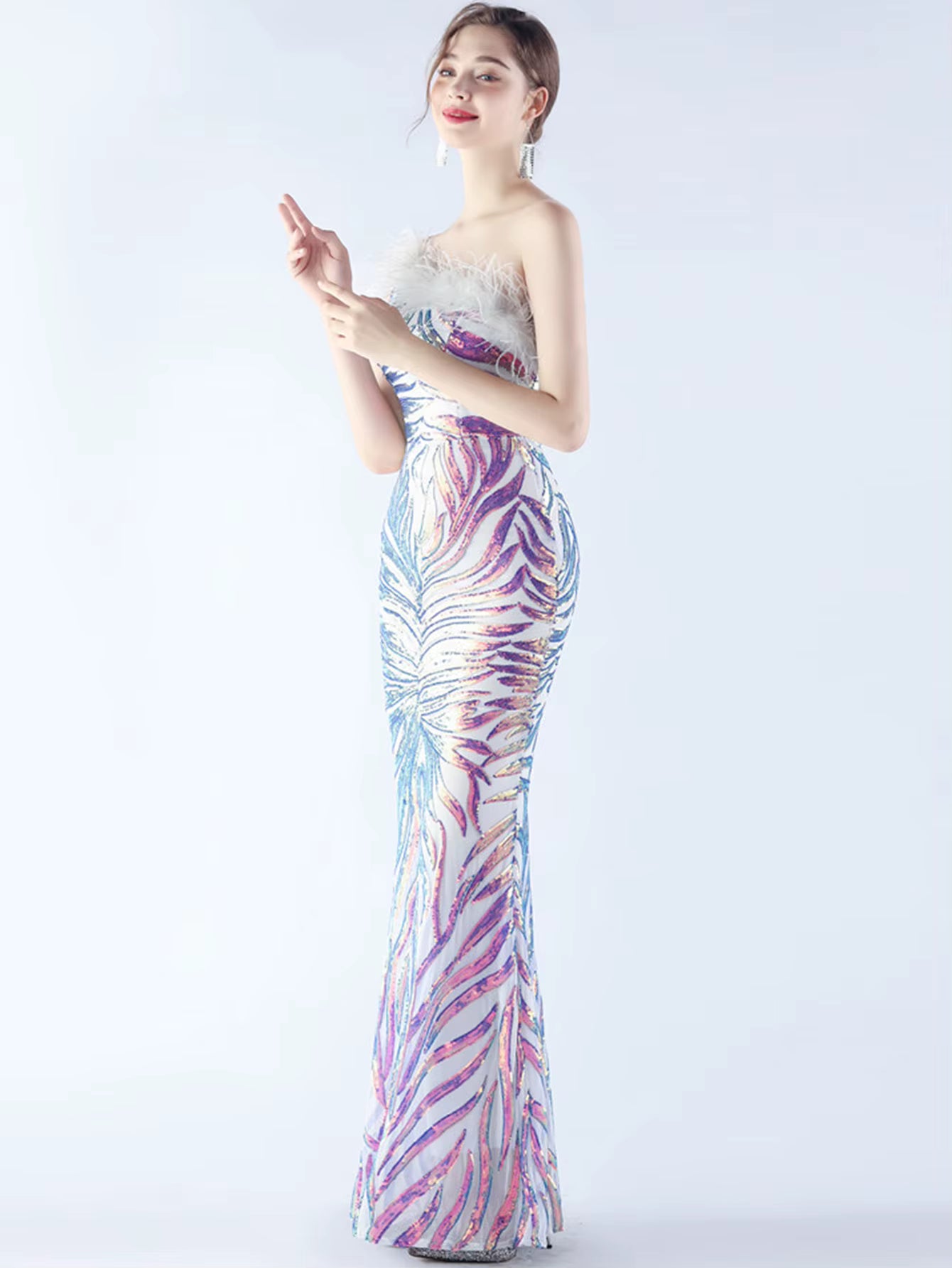 Luxury Sequin Diagonal collar One-Shoulder Backless Maxi Dresses