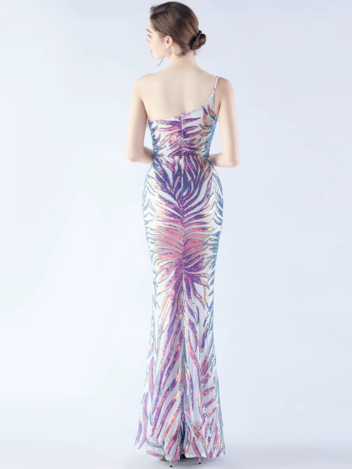 Luxury Sequin Diagonal collar One-Shoulder Backless Maxi Dresses