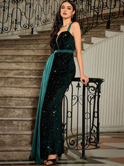 Luxury Sequin Spaghetti Strap Floor-Length Wedding Party Long Dresses