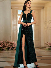 Luxury Sequin Spaghetti Strap Floor-Length Wedding Party Long Dresses