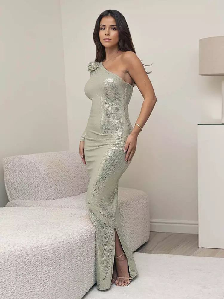 Luxury Sequined Asymmetrical One-Shoulder Long Sleeve Maxi Gown