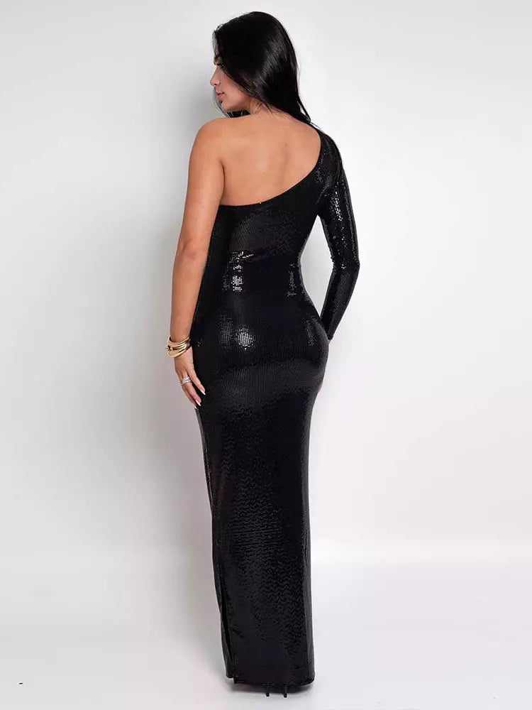 Luxury Sequined Asymmetrical One-Shoulder Long Sleeve Maxi Gown