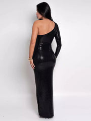 Luxury Sequined Asymmetrical One-Shoulder Long Sleeve Maxi Gown