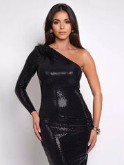 Luxury Sequined Asymmetrical One-Shoulder Long Sleeve Maxi Gown