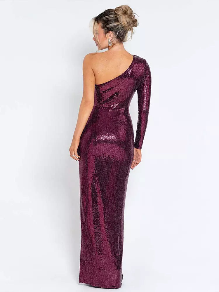 Luxury Sequined Asymmetrical One-Shoulder Long Sleeve Maxi Gown