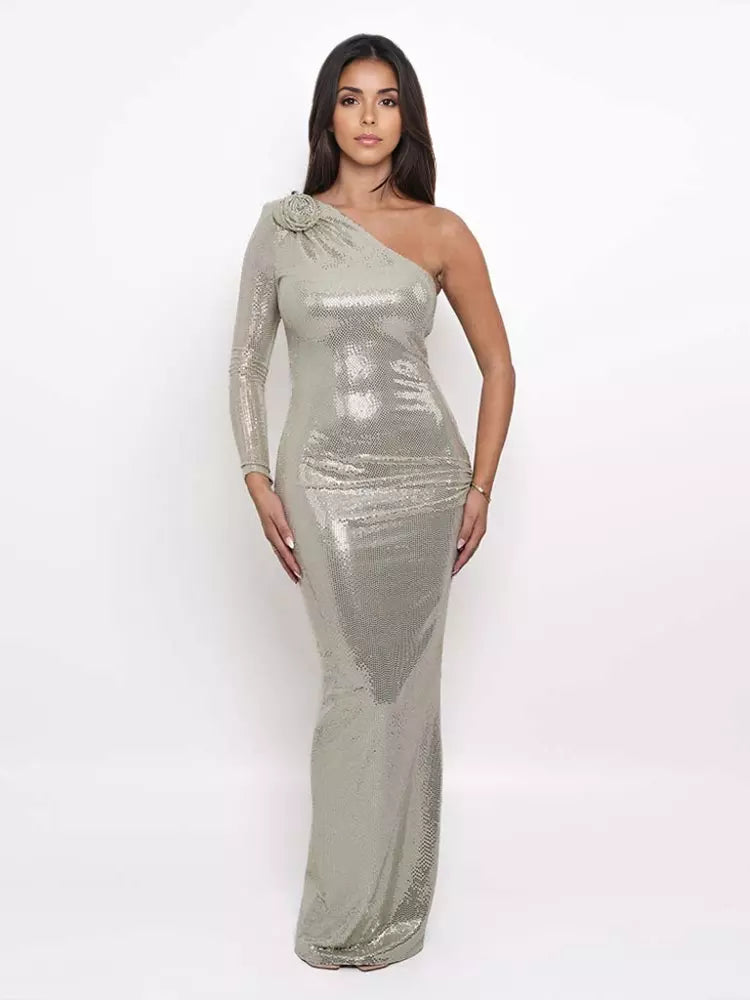 Luxury Sequined Asymmetrical One-Shoulder Long Sleeve Maxi Gown