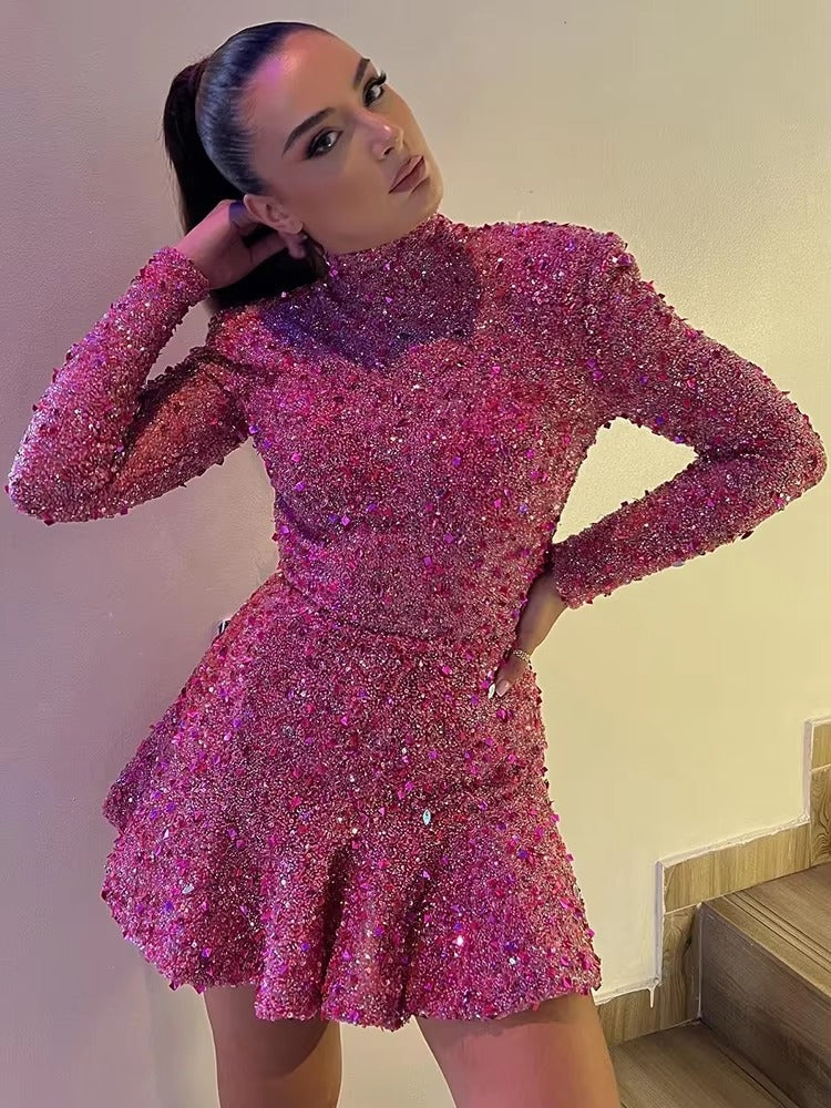 Luxury Sequins Backless Long Sleeves Gloves A-Line Mini Dress