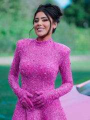 Luxury Sequins Backless Long Sleeves Gloves A-Line Mini Dress