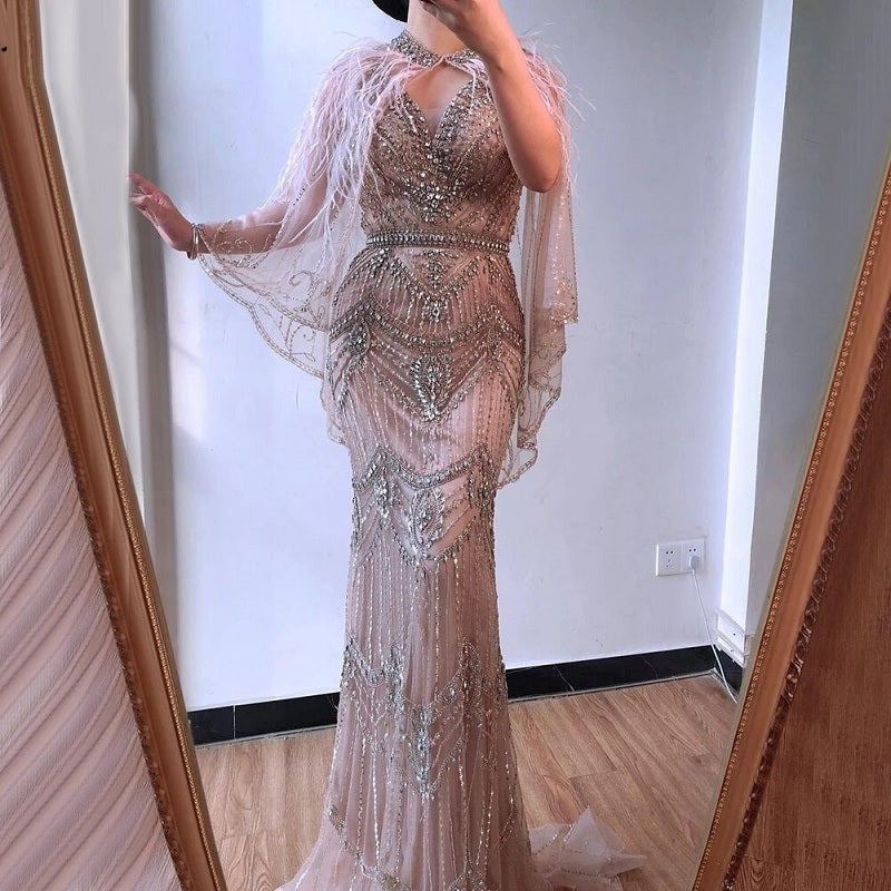 Luxury Shawl Yarn Feathers V-Neck Mermaid Evening Dresses