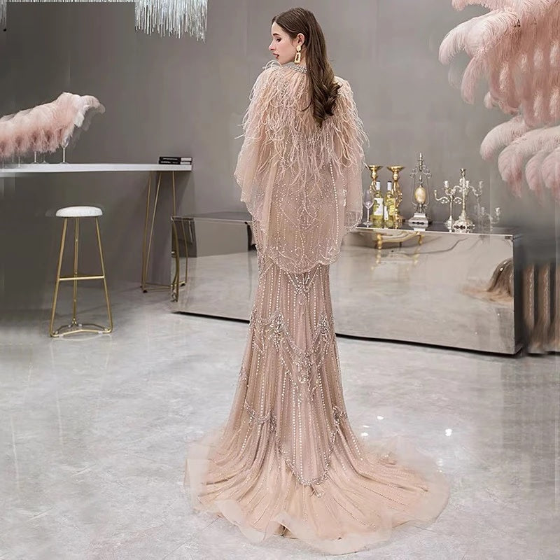 Luxury Shawl Yarn Feathers V-Neck Mermaid Evening Dresses