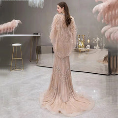Luxury Shawl Yarn Feathers V-Neck Mermaid Evening Dresses