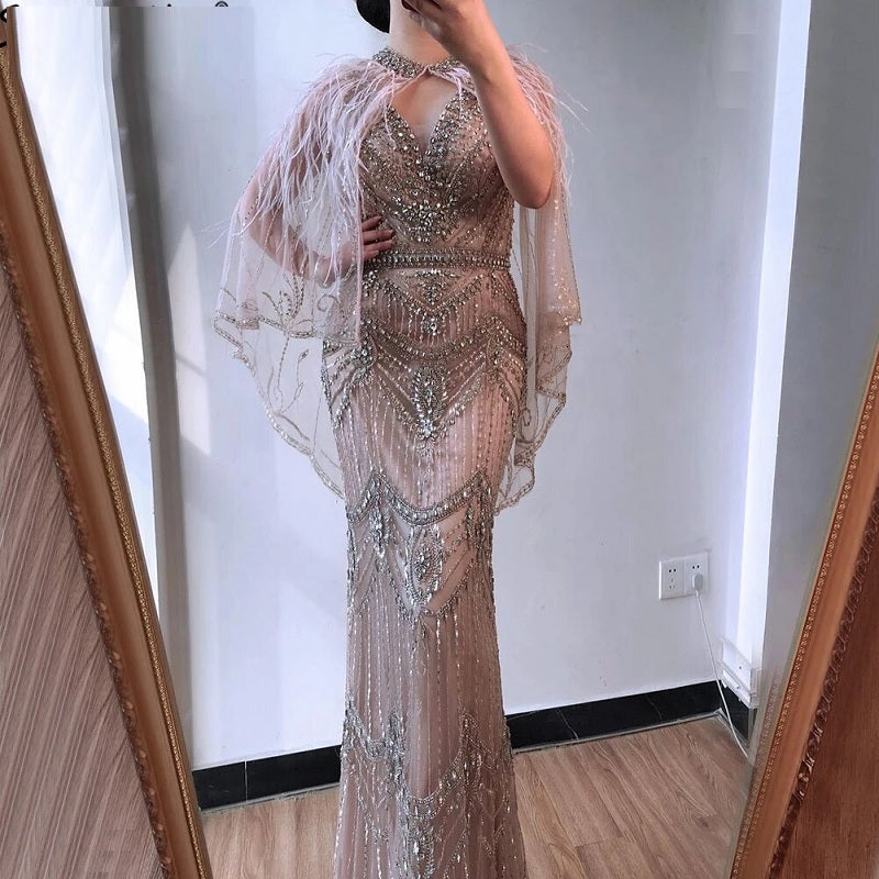 Luxury Shawl Yarn Feathers V-Neck Mermaid Evening Dresses