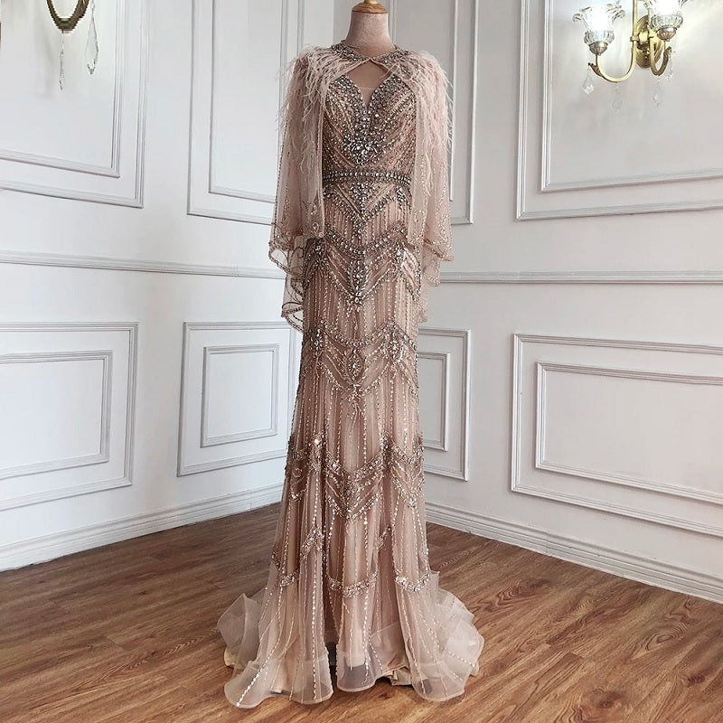 Luxury Shawl Yarn Feathers V-Neck Mermaid Evening Dresses