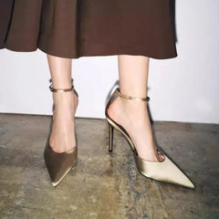 Luxury Silk Satin Design Pumps Pointed Toe Metal Buckle Ankle Strap Heel