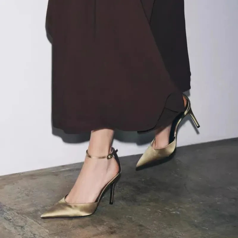 Luxury Silk Satin Design Pumps Pointed Toe Metal Buckle Ankle Strap Heel